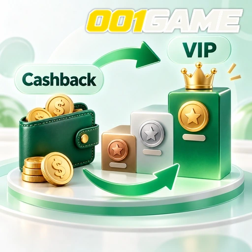 001GAME — ilustração de cashback e nível VIP com moedas, carteira e coroa